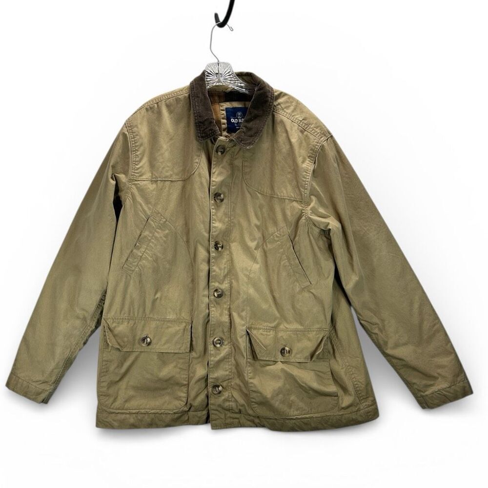 Old Navy Plaid Lined Barn Jacket Tan Cotton Chore Coat Corduroy Collar XXL